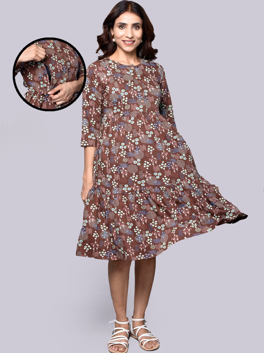 

Inner Sense Floral Print Organic Cotton Fit & Flare Maternity Dress, Brown