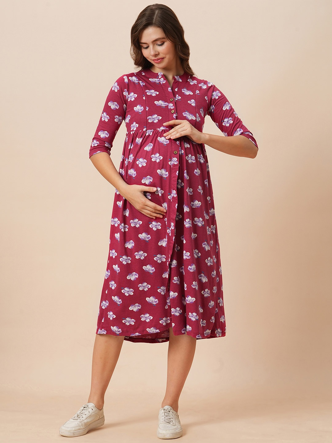 

Inner Sense Floral Print Organic Cotton Empire Style Maternity Dress, Red