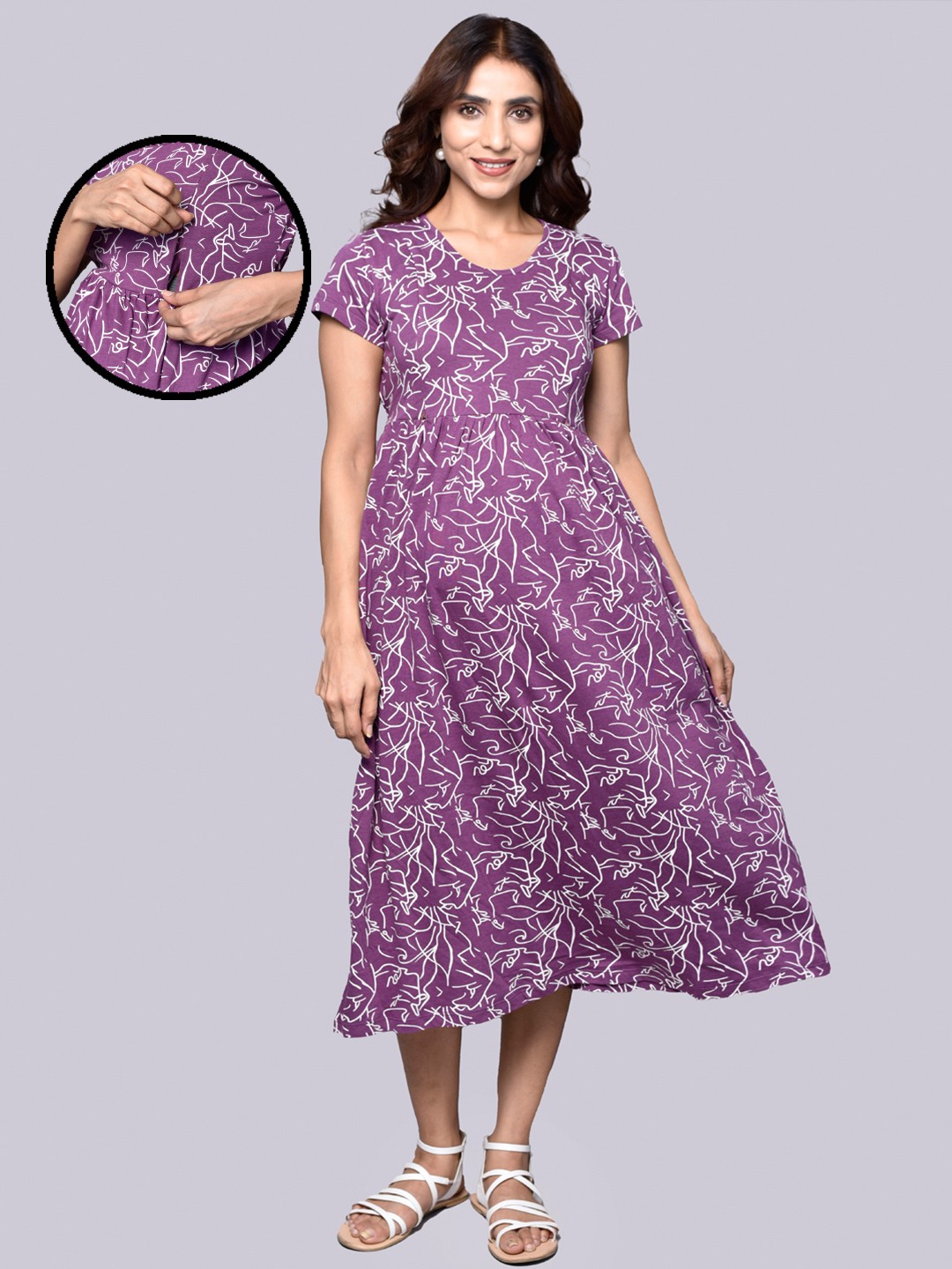 

Inner Sense Printed Organic Cotton Maternity Fit and Flare Midi Dress, Purple