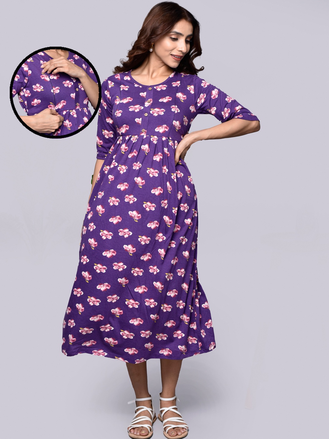 

Inner Sense Floral Printed Organic Cotton Maternity A-Line Midi Dress, Purple