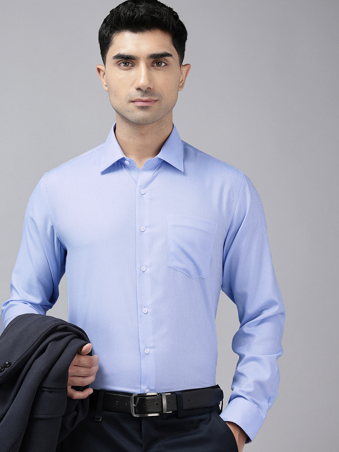 

Van Heusen Smart Slim Fit Textured Self Design Pure Cotton Formal Shirt, Blue