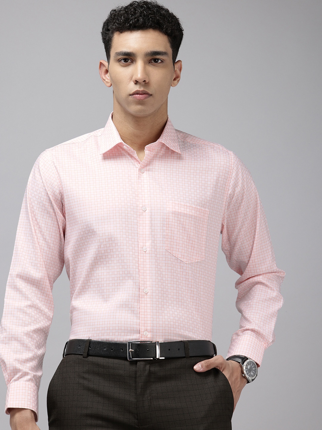 

Van Heusen Pure Cotton Custom Fit Opaque Checked Formal Shirt, Peach