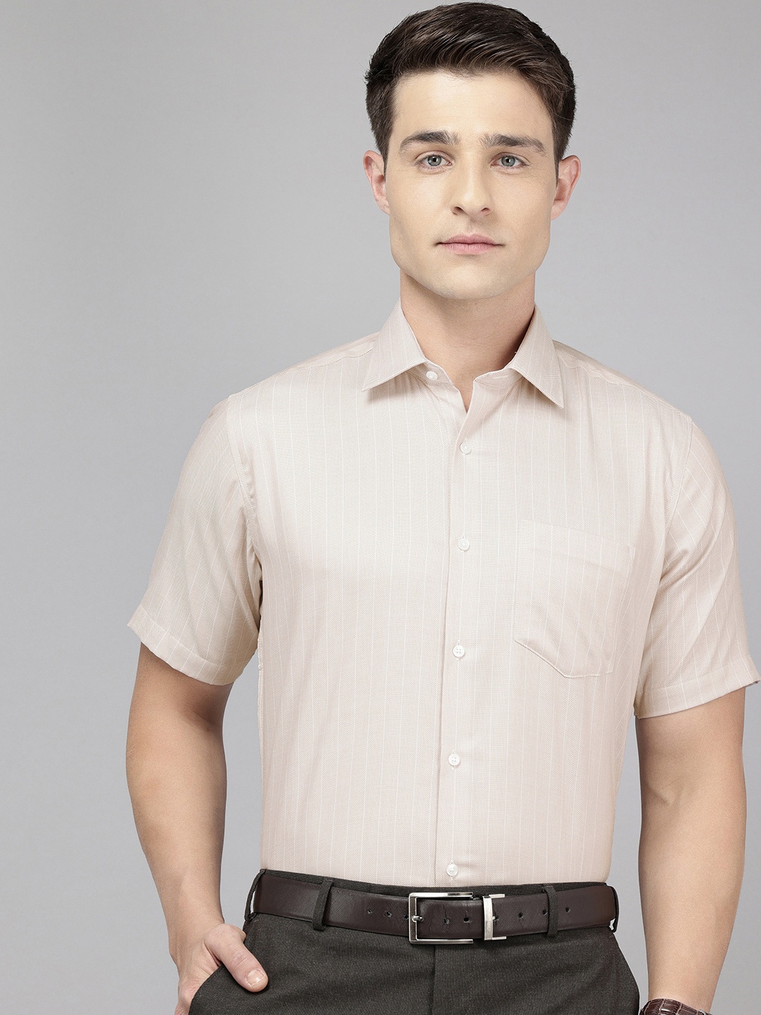 

Van Heusen Custom Self Striped Pure Cotton Formal Shirt, Beige