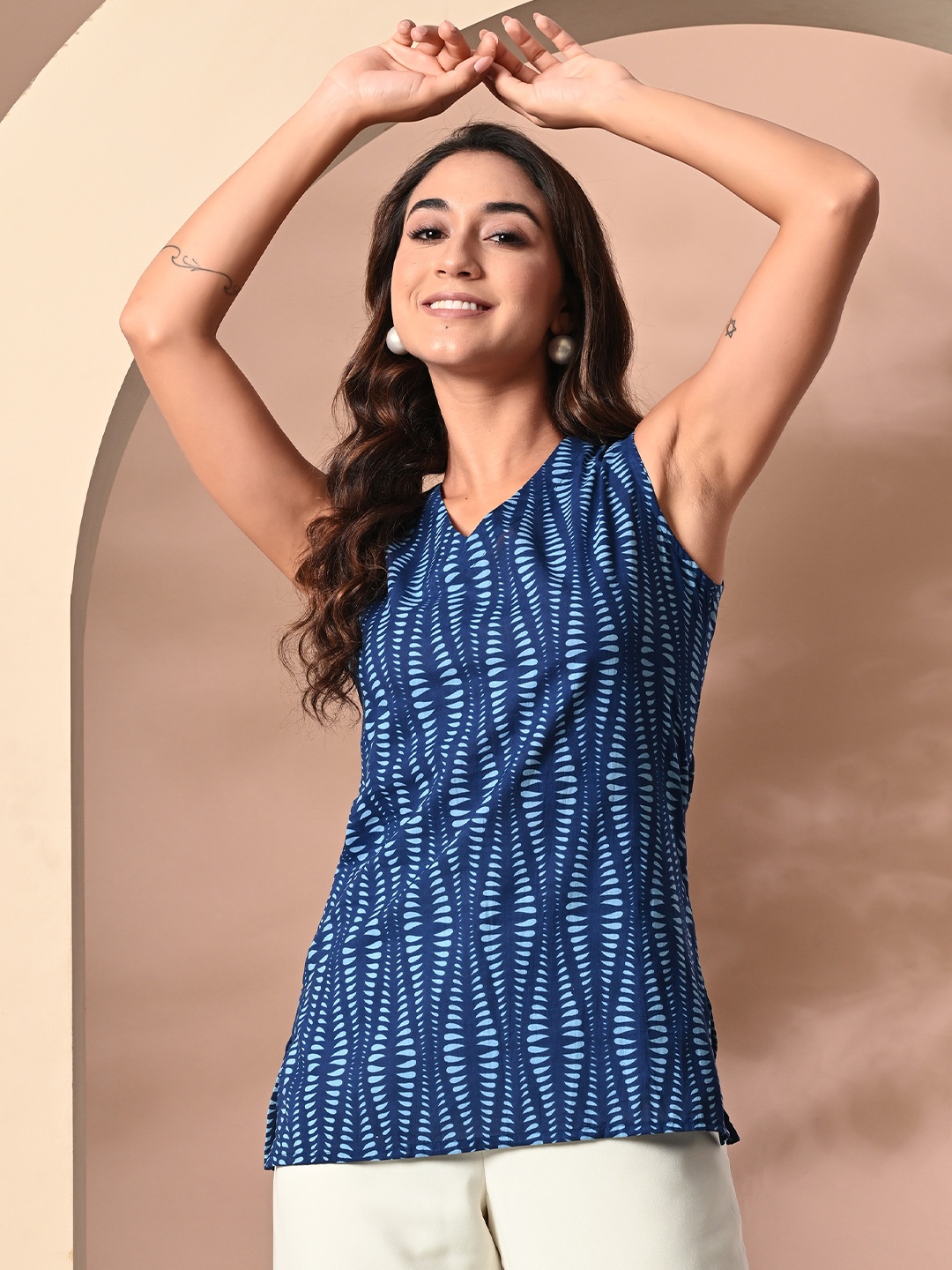 

ANNSH APPAREL Women Printed Cotton Top, Navy blue
