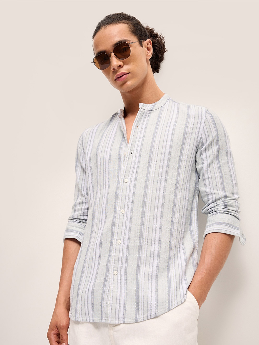 

THE BEAR HOUSE Men Striped Slim Fit Pure Cotton Casual Shirt, Blue
