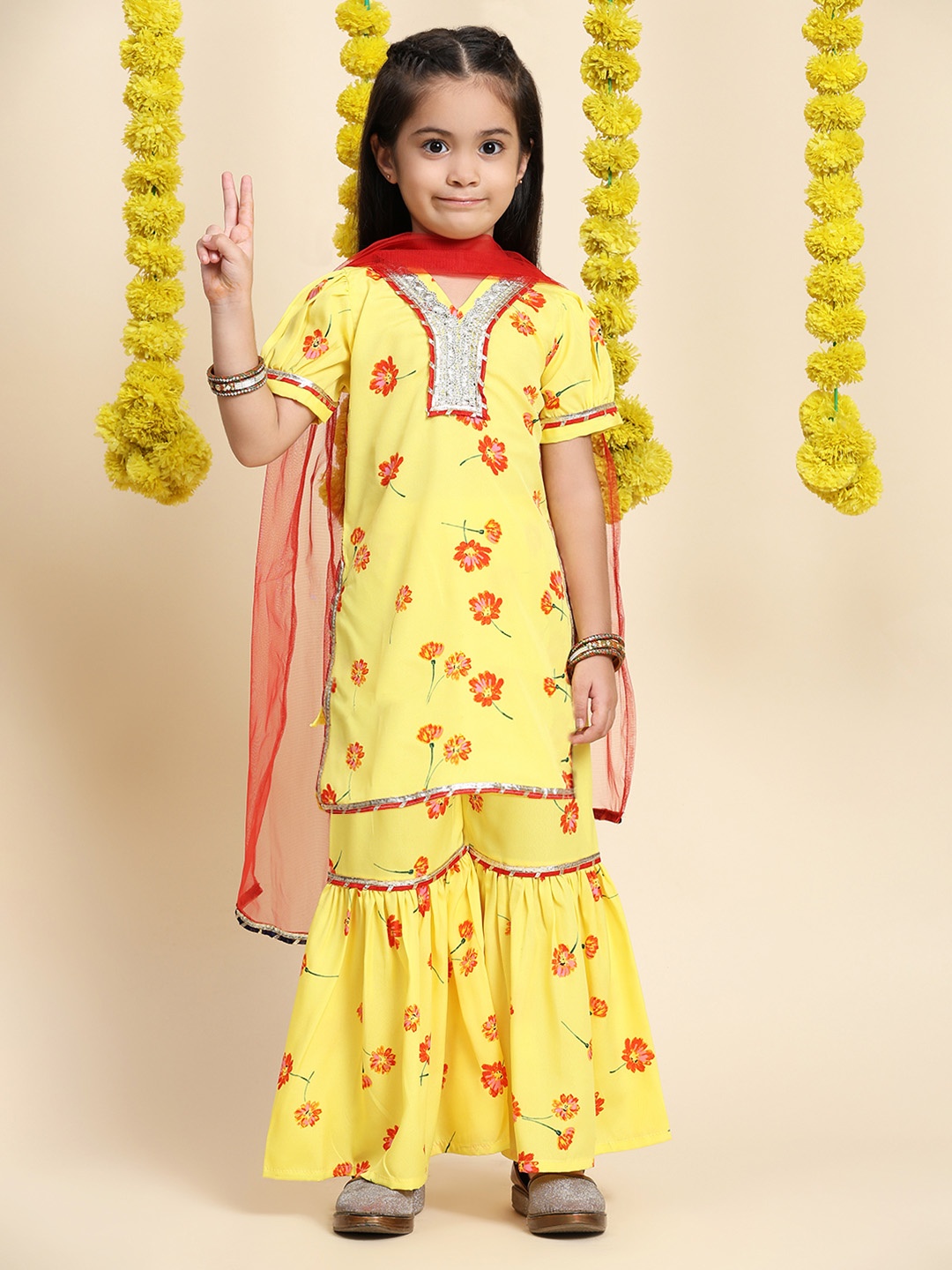 

Cutiekins Girls Floral Printed Empire Gotta Patti Straight Kurta with Sharara & Dupatta, Yellow