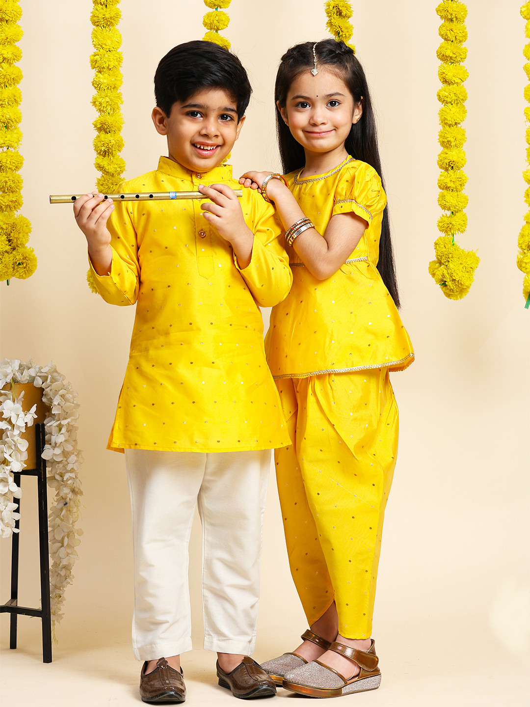 

Cutiekins Girls Ethnic Motifs Embroidered Zari A-Line Kurta With Dhoti Pants, Yellow