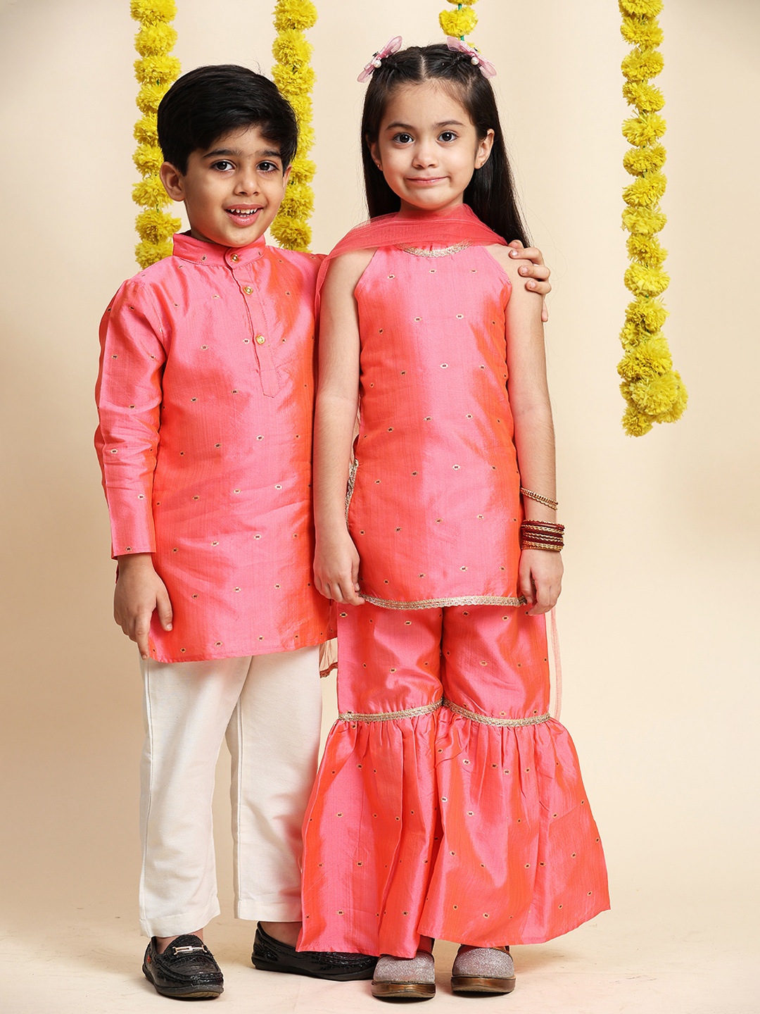 

Cutiekins Girls Ethnic Motifs Embroidered Zari A-Line Kurta With Sharara & Dupatta, Pink