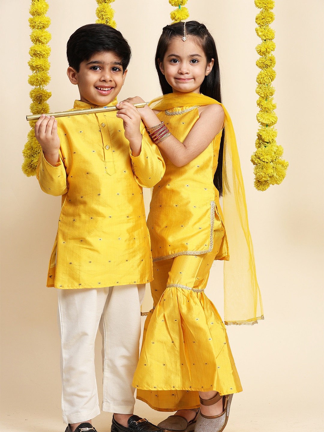 

Cutiekins Girls Ethnic Motifs Embroidered Zari A-Line Kurta with Sharara & Dupatta, Yellow
