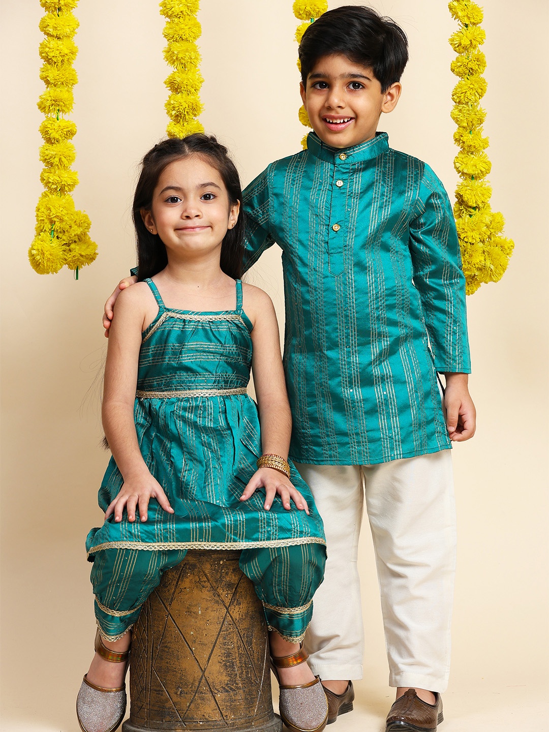

Cutiekins Girls Ethnic Motifs Embroidered Zari A-Line Kurta With Salwar, Sea green