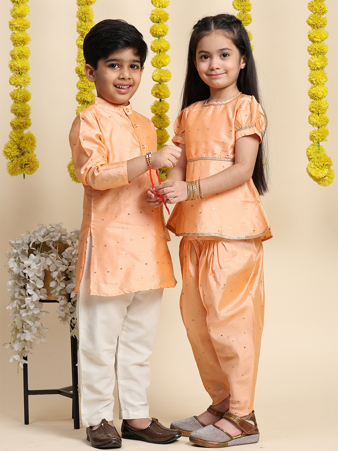 

Cutiekins Girls Ethnic Motifs Embroidered Zari Kurta With Dhoti Pants, Coral