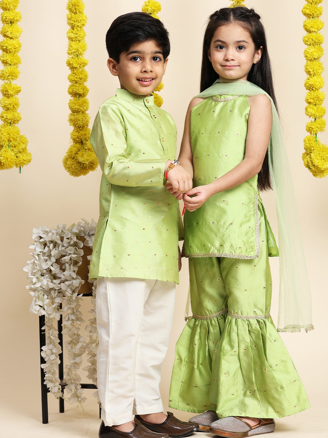 

Cutiekins Girls Ethnic Motifs Embroidered Zari A-Line Kurta With Sharara & Dupatta, Green