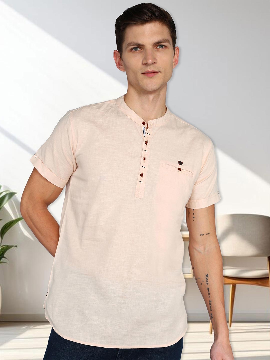 

Kuons Avenue Mandarin Collar Linen Cotton Straight Kurta, Beige