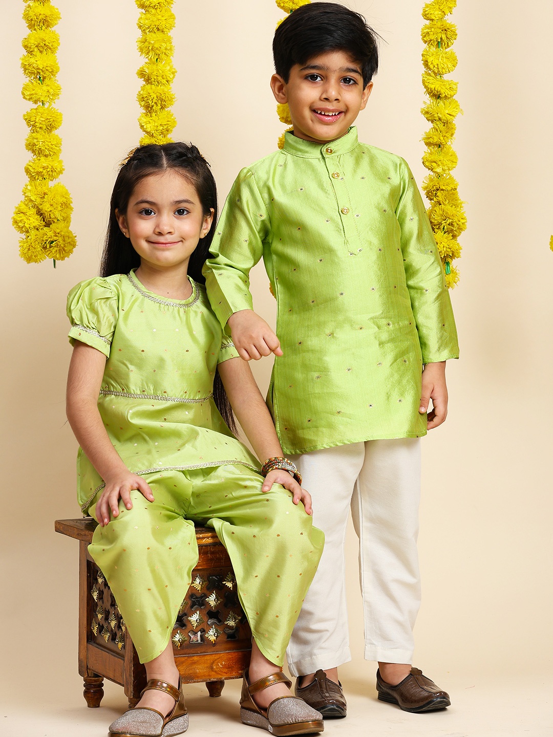 

Cutiekins Boys Mandarin Collar Straight Kurta With Trousers, Green