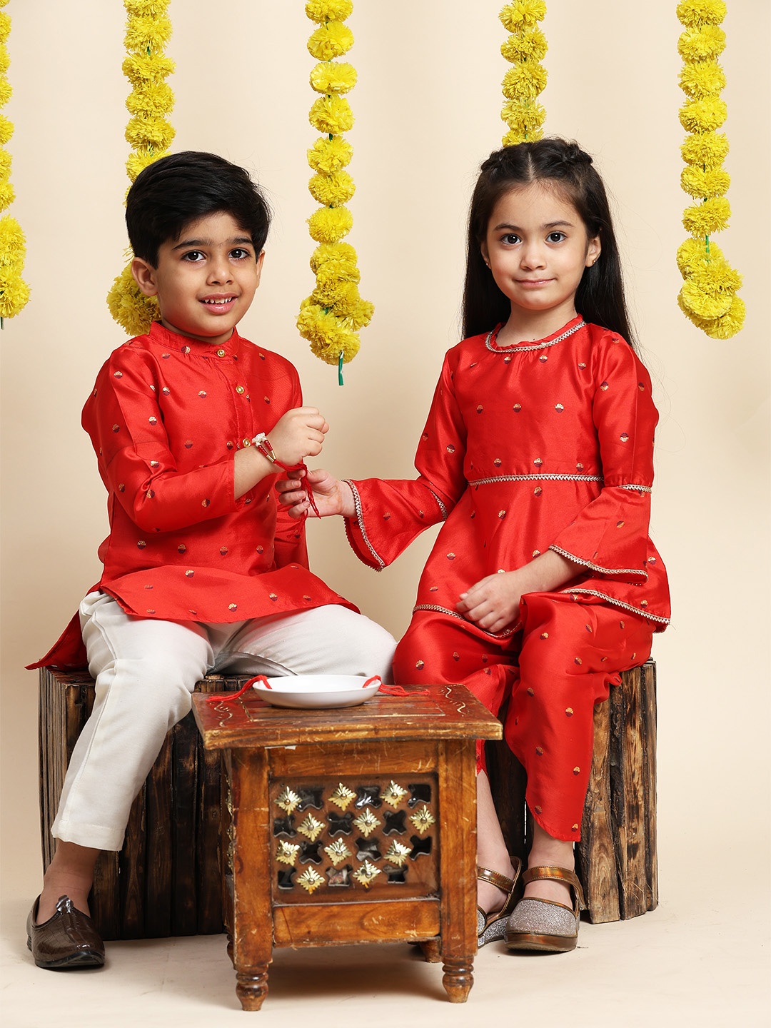 

Cutiekins Boys Ethnic Motifs Woven Designed Zari Kurta with Pyjamas, Red