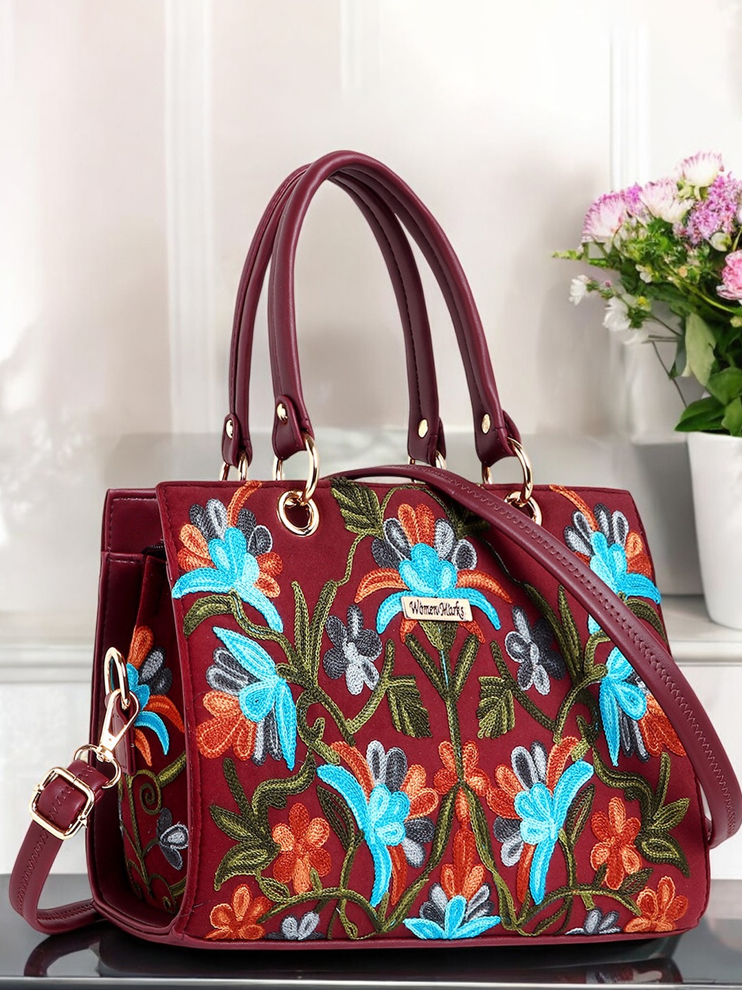 

WOMEN MARKS Floral Printed PU Structured Handheld Bag, Maroon