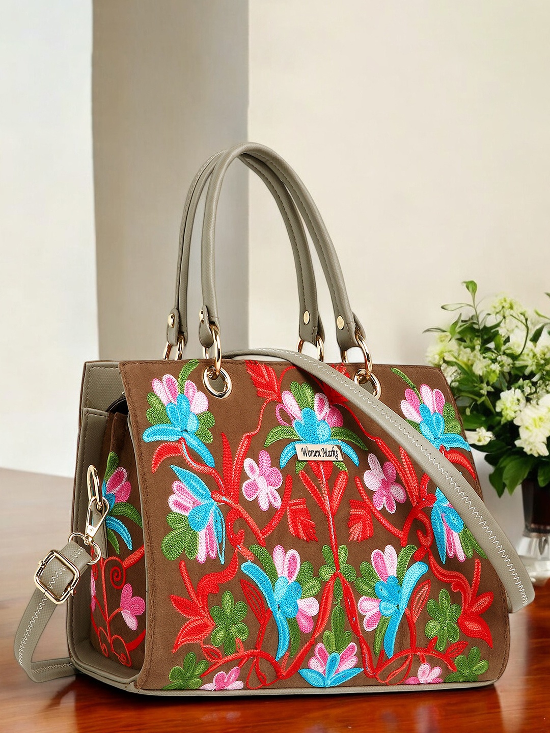 

WOMEN MARKS Floral Printed PU Oversized Structured Handheld Bag, Khaki