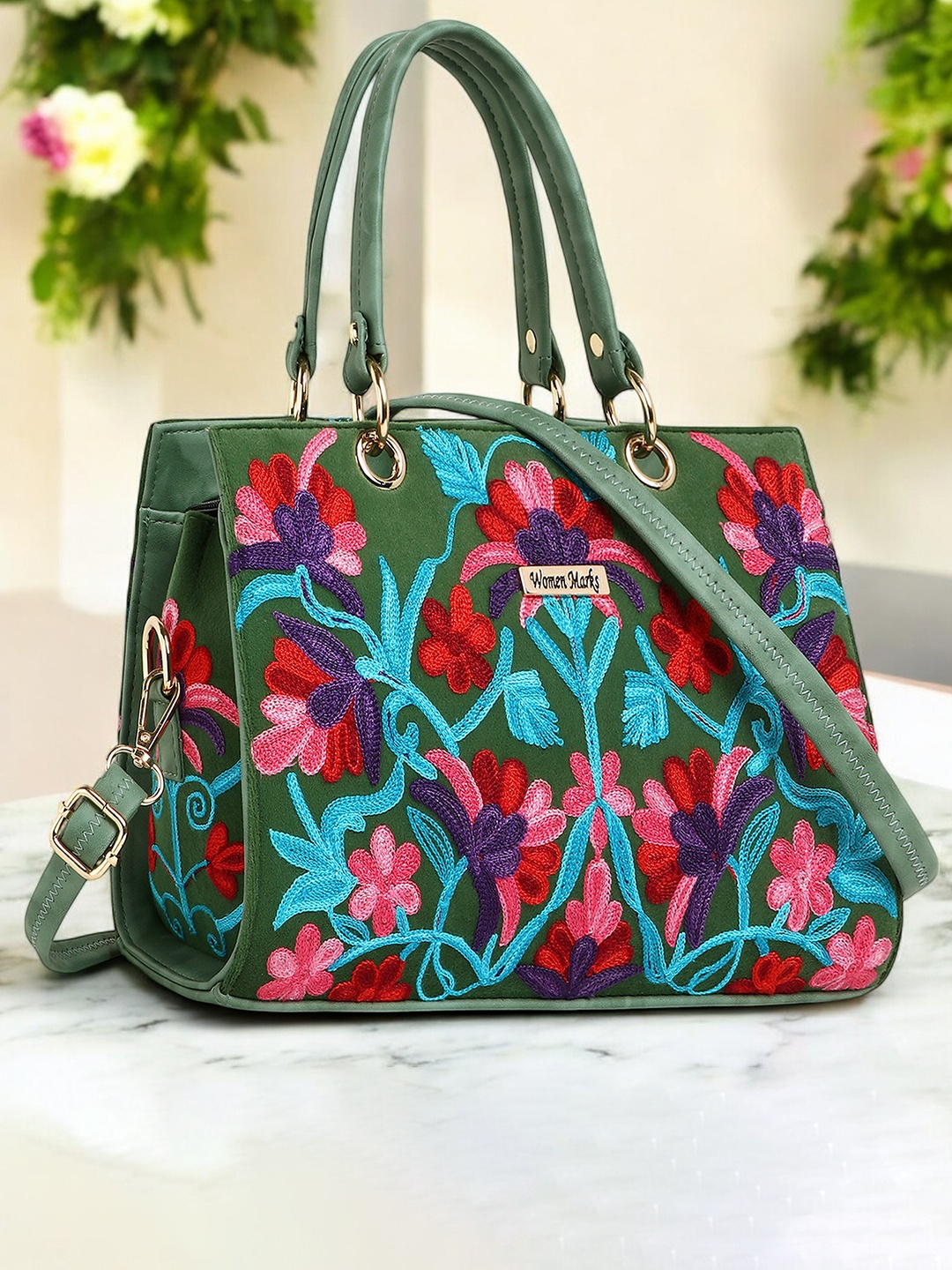 

WOMEN MARKS Floral Embellished PU Shopper Shoulder Bag, Green
