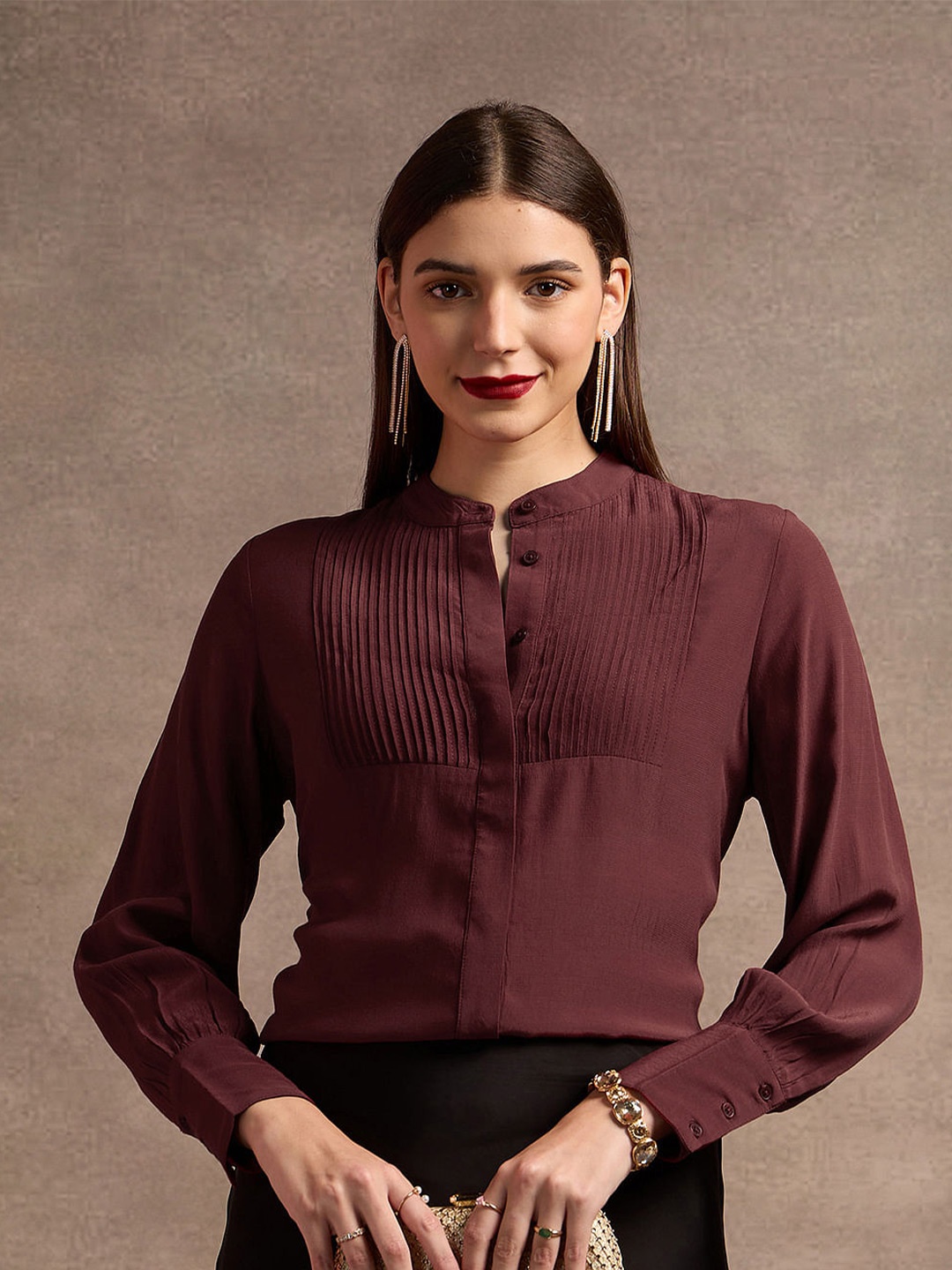 U.S. Polo Assn. Women Solid Mandarin Collar Top, Maroon