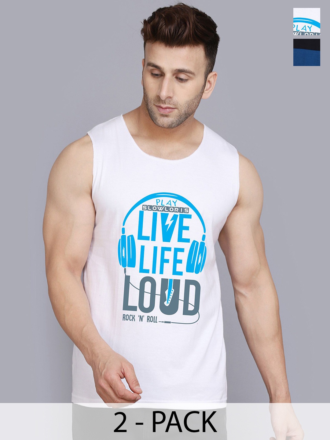 

SLOWLORIS Pack Of 2 Printed Cotton Vests- SL26 COMBO (LOUD WHITE) (ADV BLKPCK)