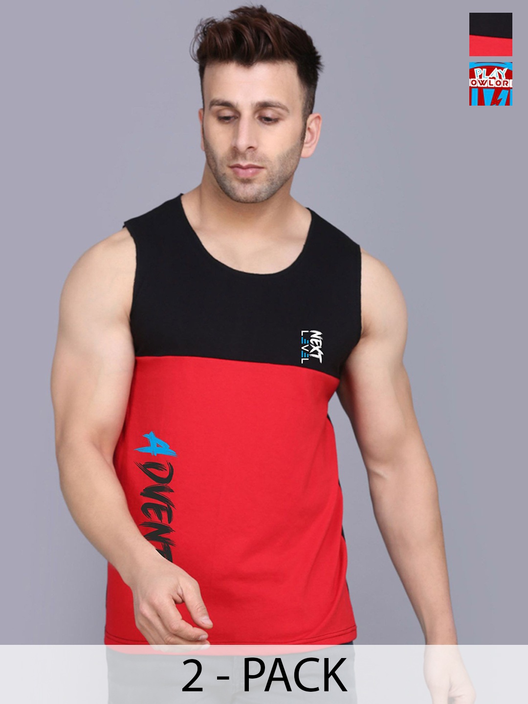 

SLOWLORIS Pack Of 2 Men Printed Sleeveless Gym Vests, Red