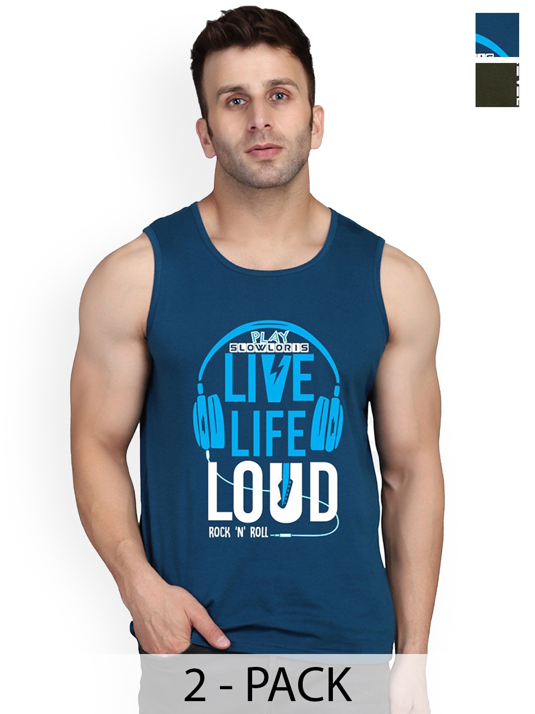 

SLOWLORIS Men Pack Of 2 Printed Innerwear Vests, Teal
