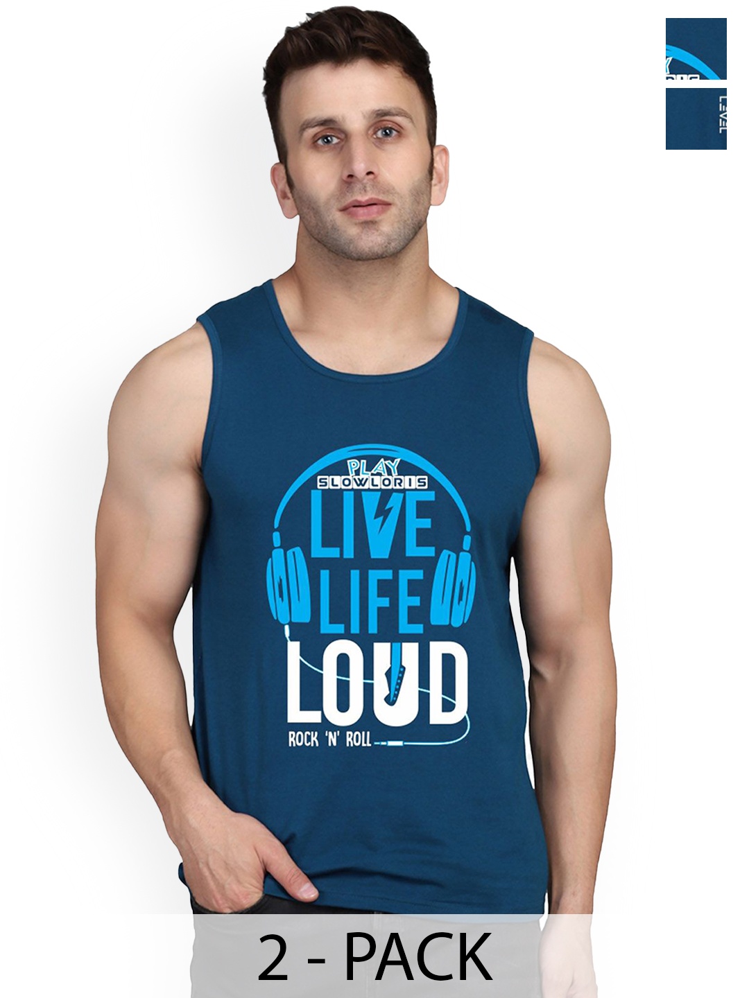 

SLOWLORIS Pack Of 2 Men Printed Sleeveless Gym Innerwear Vests, Teal