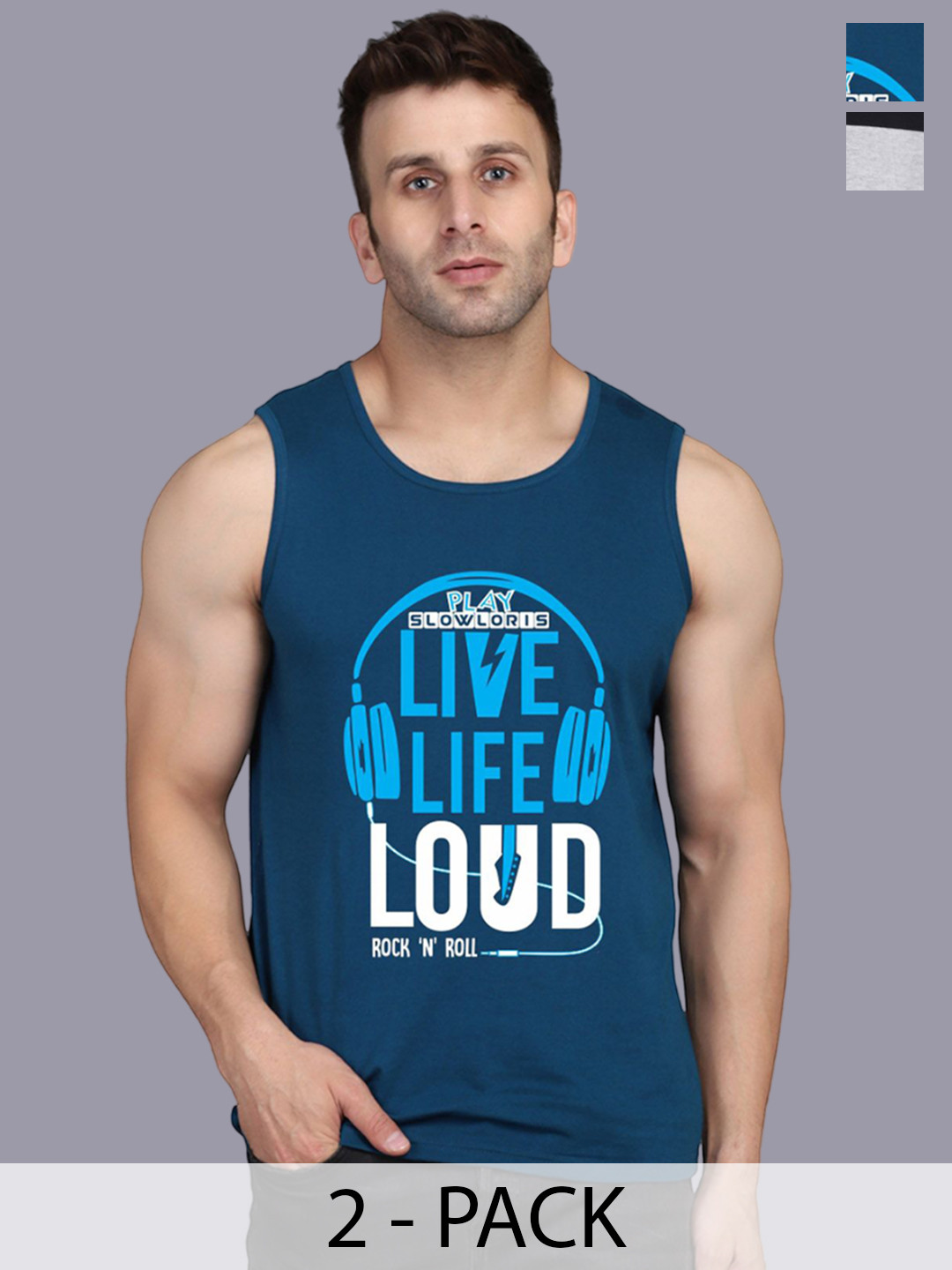 

SLOWLORIS Pack Of 2 Printed Sleeveless Gym Vests SL26 COMBO (LOUD PEACOCK) (ADV BLKGRY), Teal