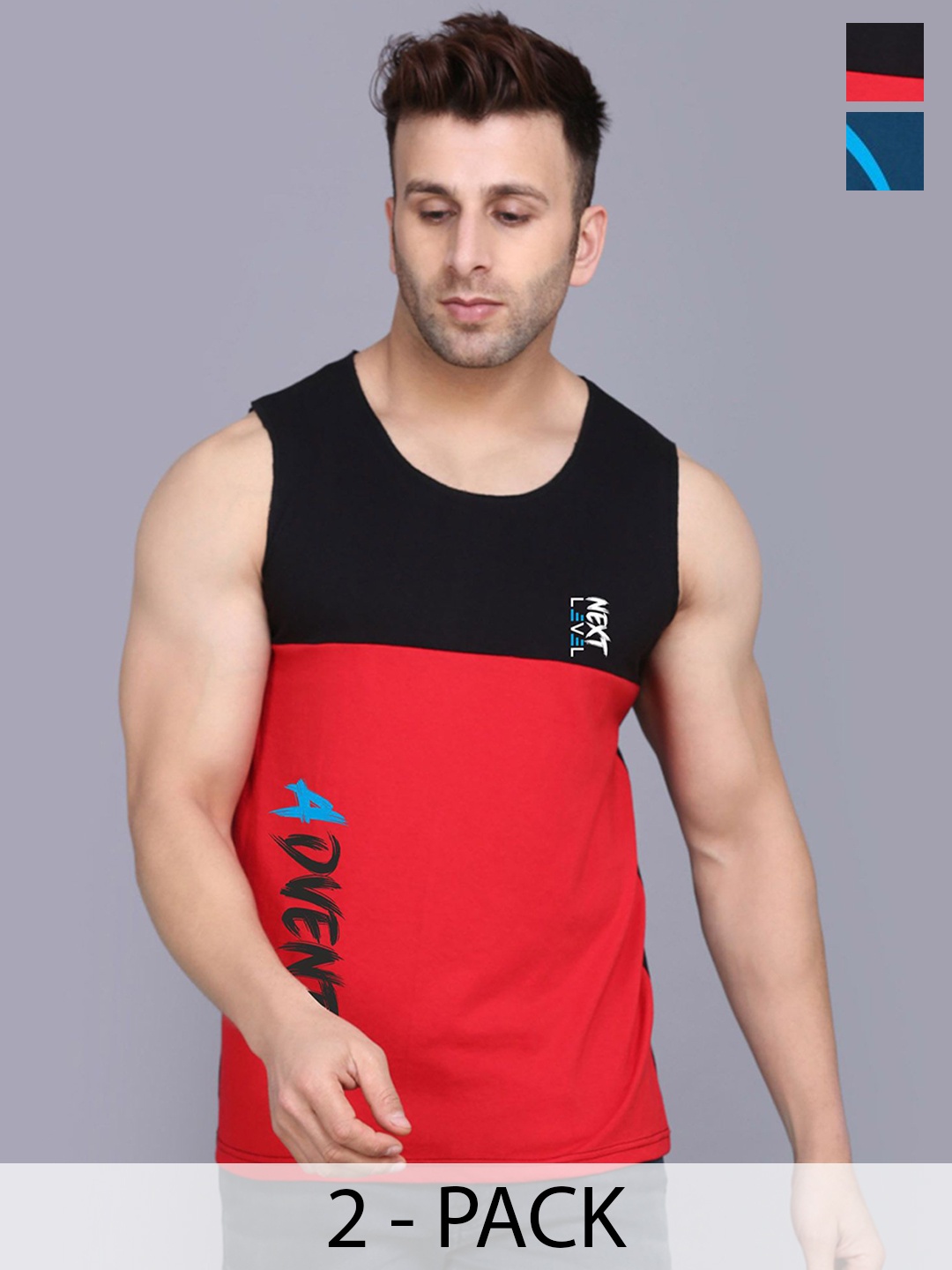 

SLOWLORIS Pack Of 2 Printed Sleeveless Gym Innerwear Vests, Teal