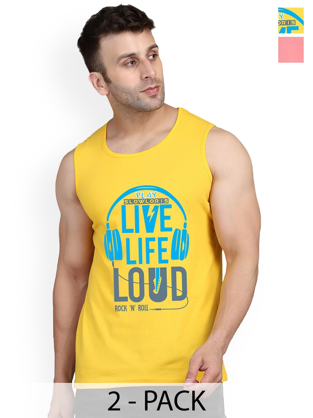 

SLOWLORIS Pack Of 2 Men Printed Sleeveless Gym Innerwear Vests, Yellow