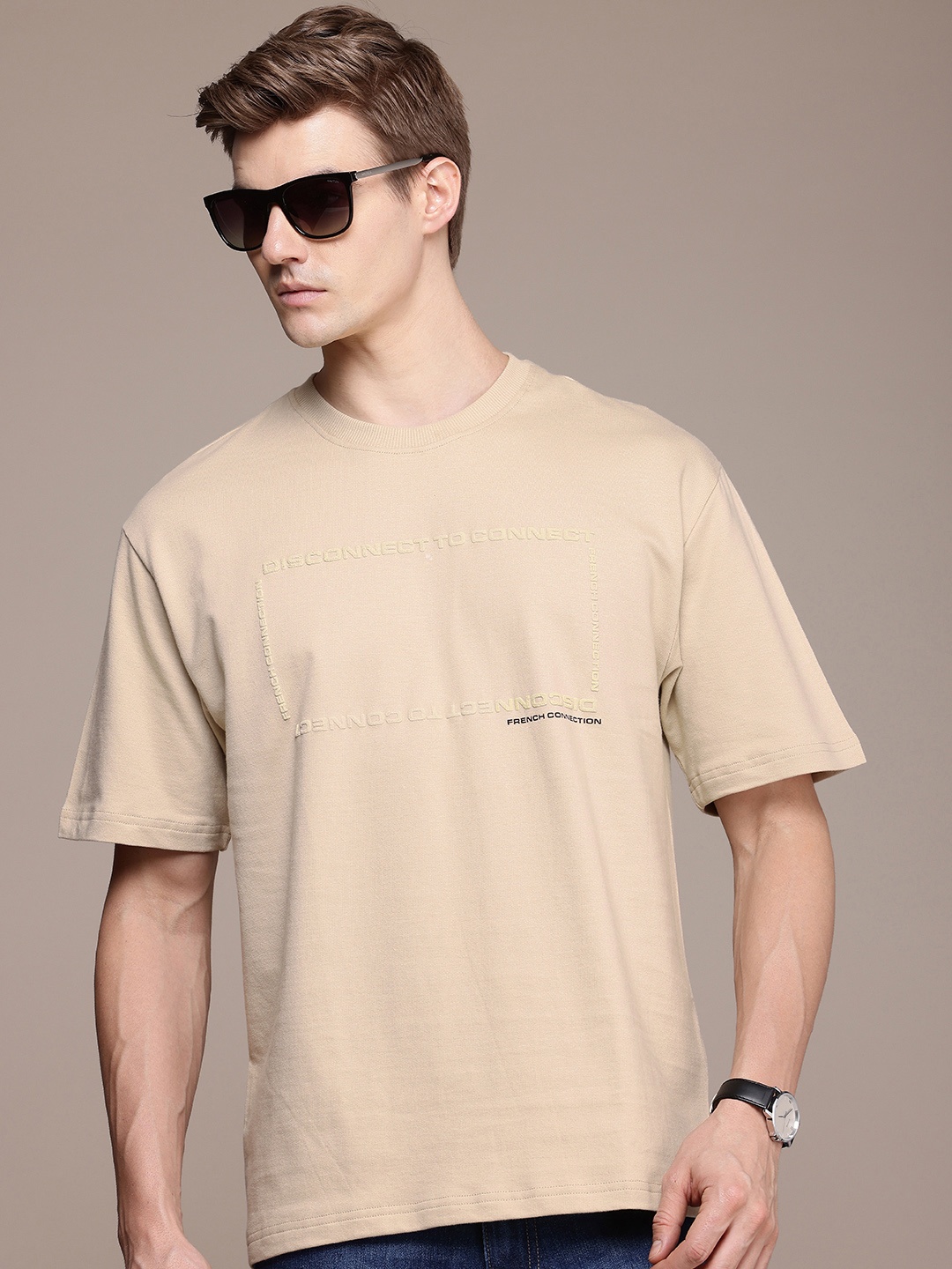 

French Connection Men Typography Pure Cotton Bio Finish T-shirt, Cream