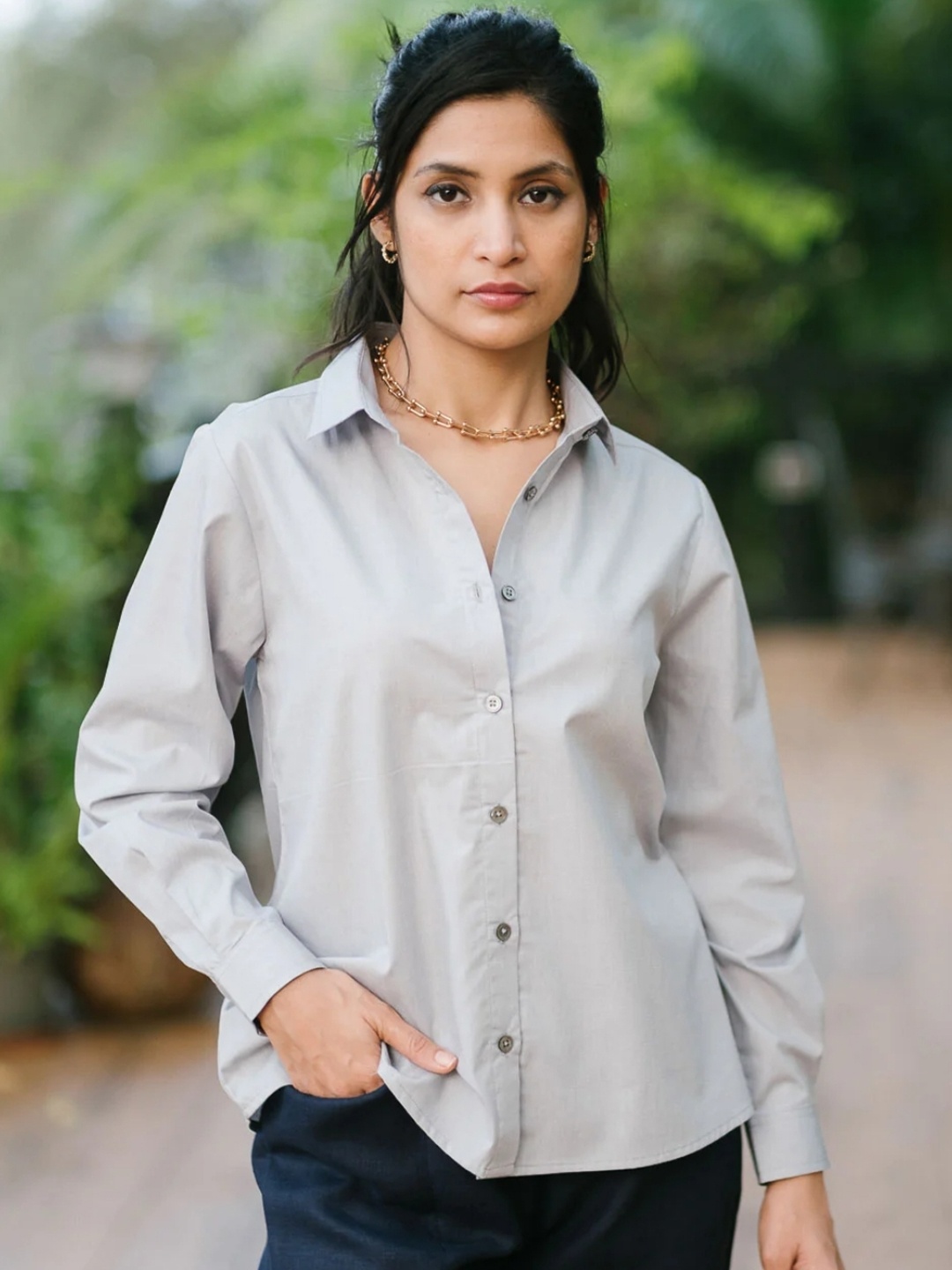 

Creatures of Habit Women Egyptian Cotton Shirt, Grey