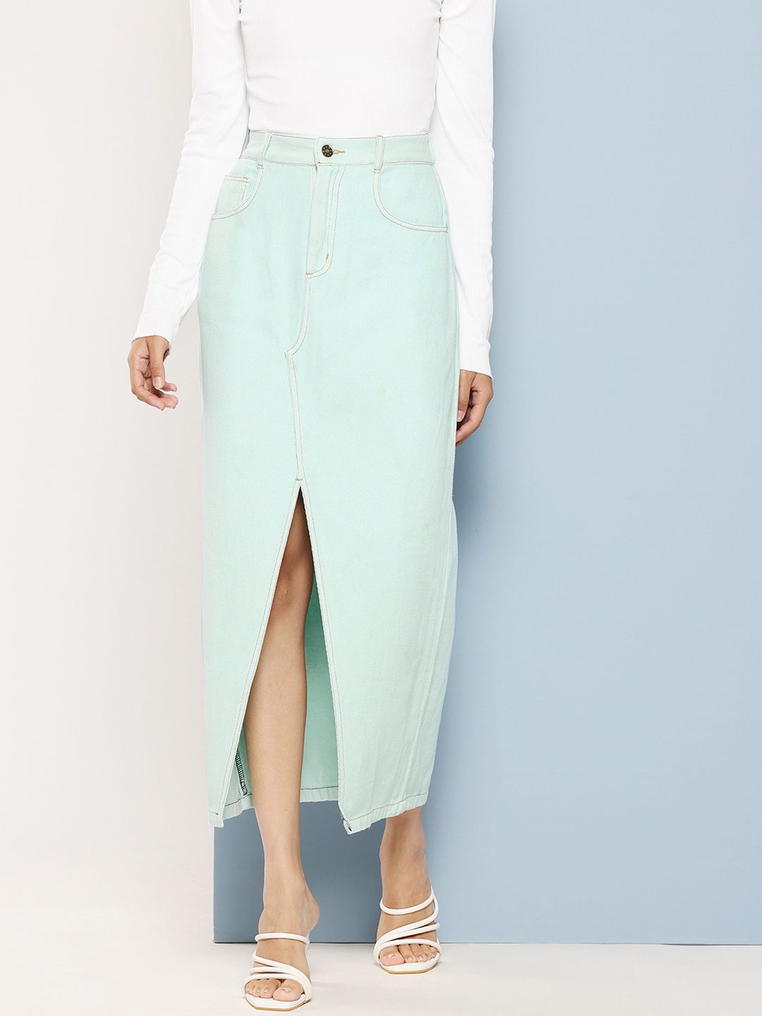 

Chemistry Pure Cotton Denim Straight Maxi Skirt with Front Slit, Sea green