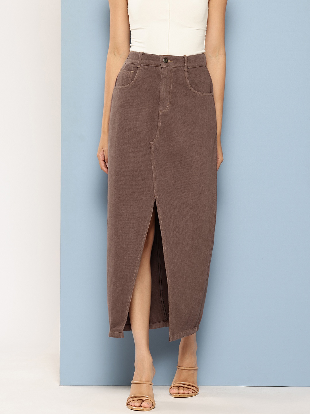 

Chemistry Pure Cotton Denim Straight Maxi Skirt with Front Slit, Brown