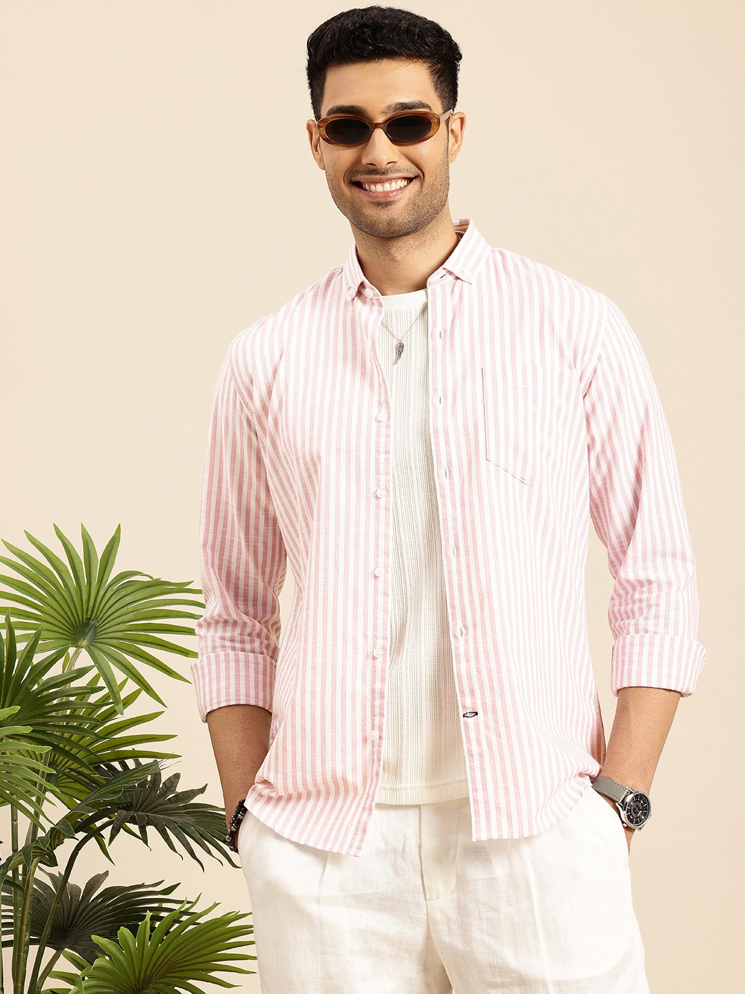 

Mast & Harbour Men Standard Bengal Stripes Casual Shirt, Pink