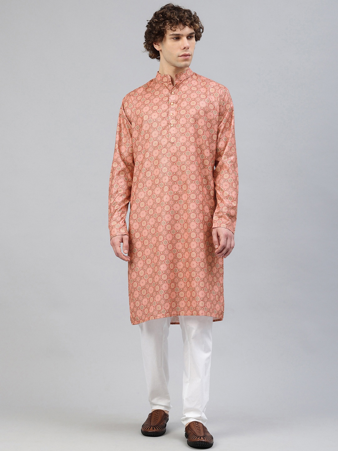 

Majestic Man Men Ethnic Motifs Printed Pure Cotton Kurta, Peach