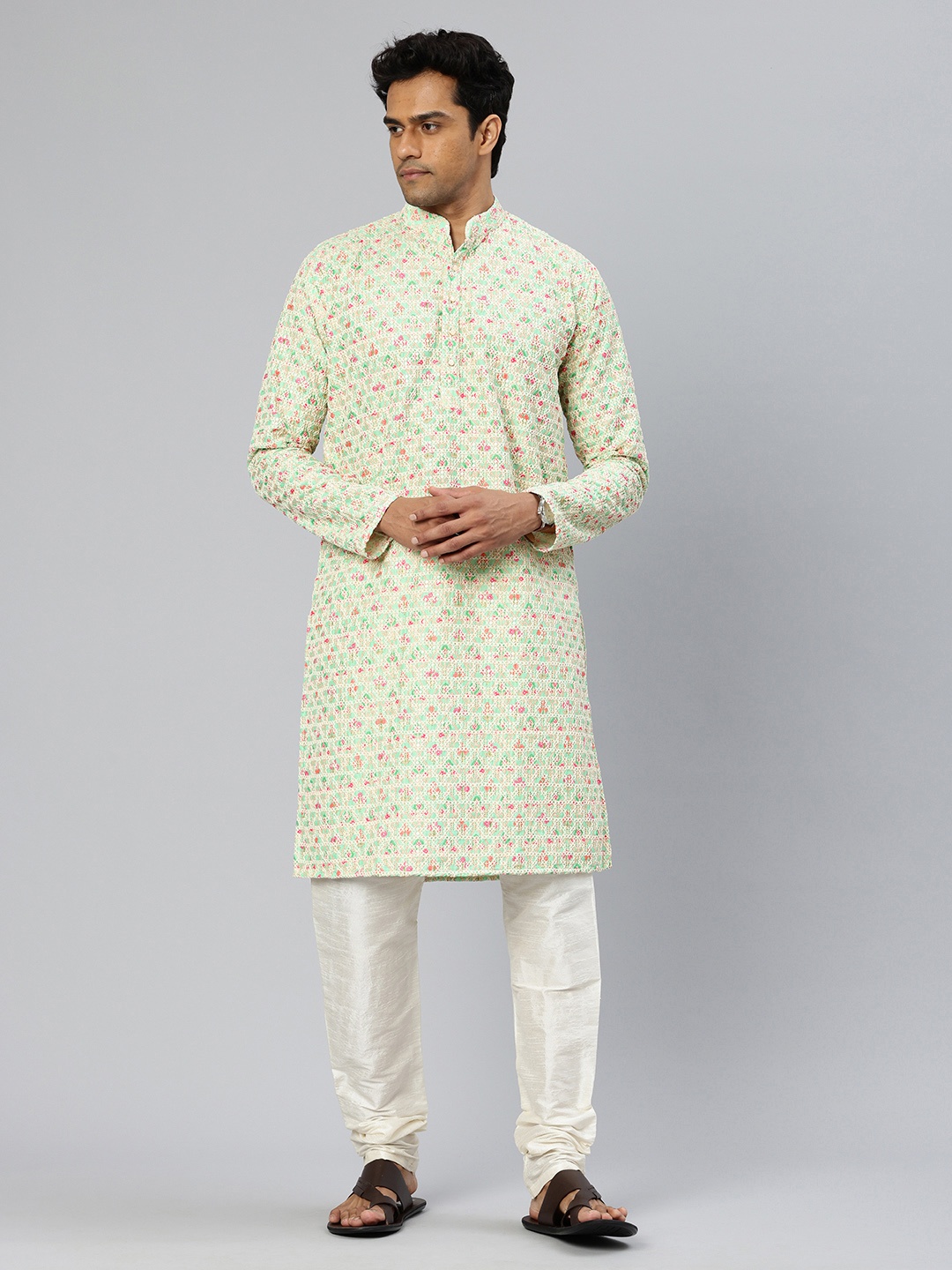 

Majestic Man Men Floral Printed Thread Work Kurta, Sea green