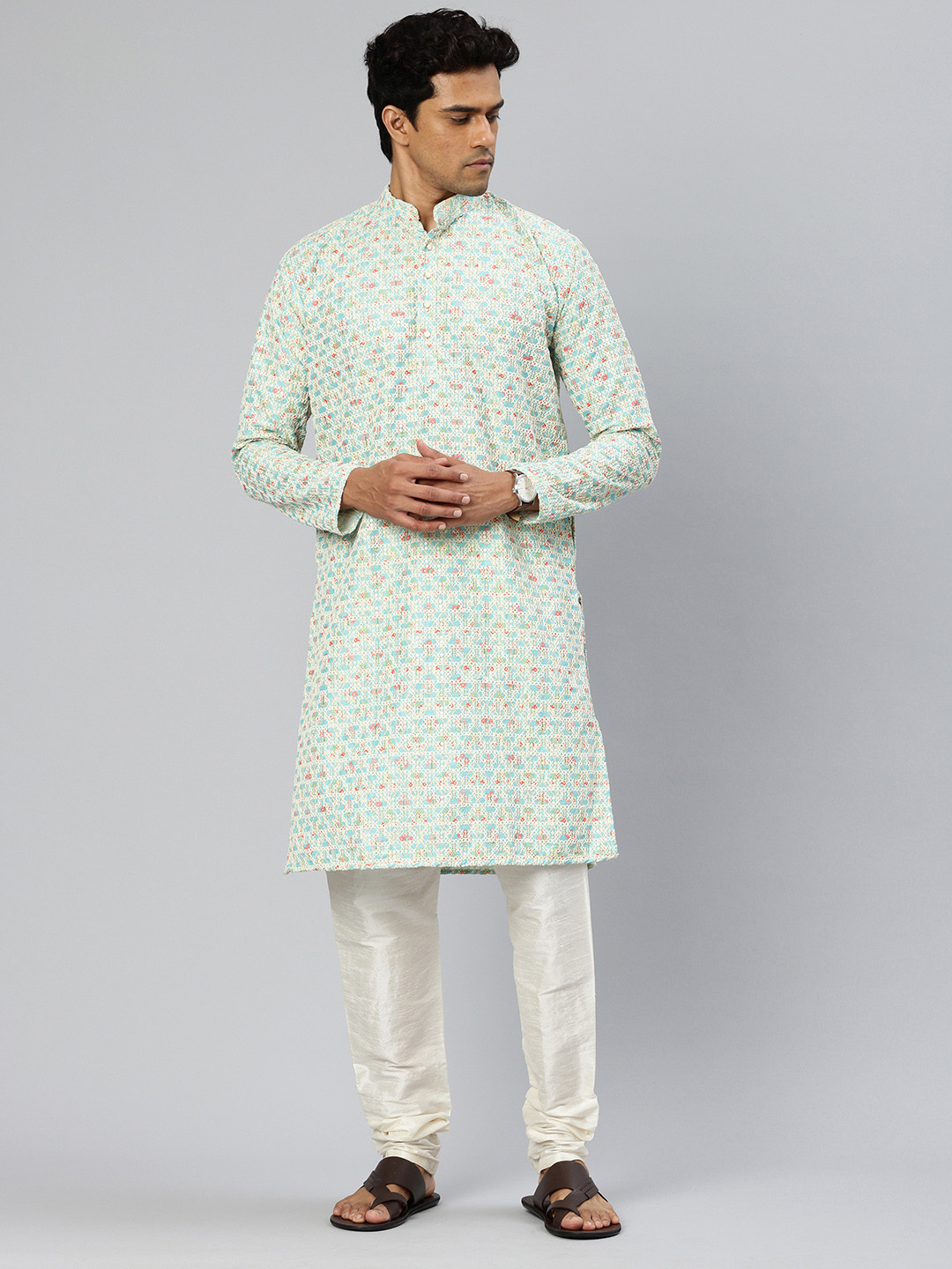 

Majestic Man Men Floral Printed Thread Work Kurta, Blue