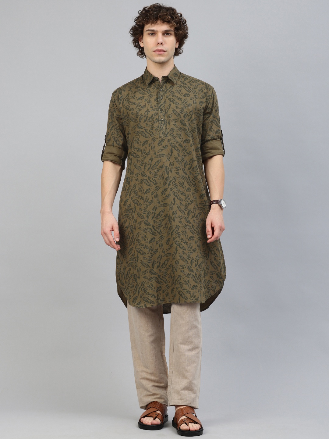 

Majestic Man Men Floral Printed Pure Cotton Pathani Kurta, Olive