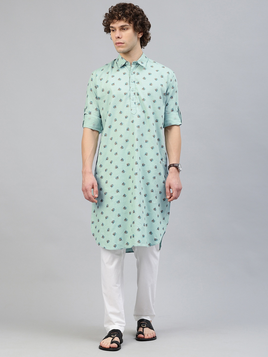 

Majestic Man Men Floral Printed Pure Cotton Kurta, Sea green