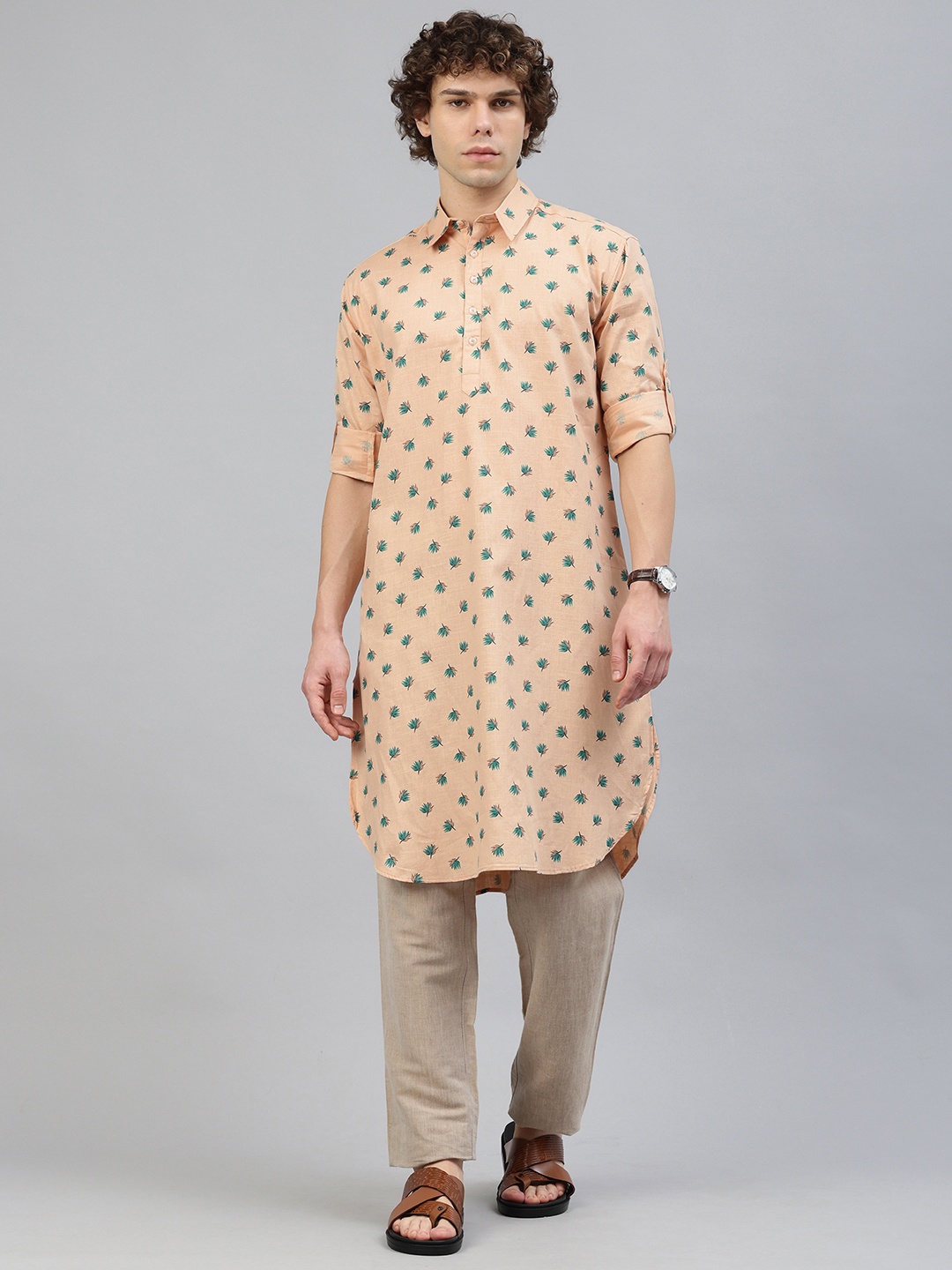 

Majestic Man Men Floral Printed Pure Cotton Pathani Kurta, Peach