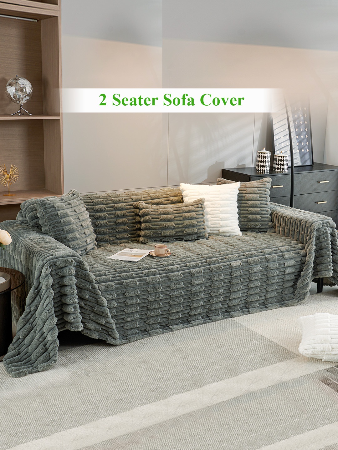 

HOKIPO Charcoal Grey Plain Faux Fur 2 Seater Throw Blanket