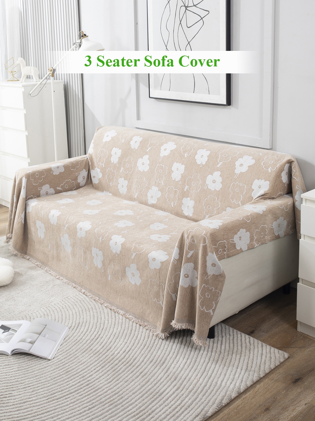 

HOKIPO Brown & White Floral Printed 3 Seater Sofa Throw, Beige