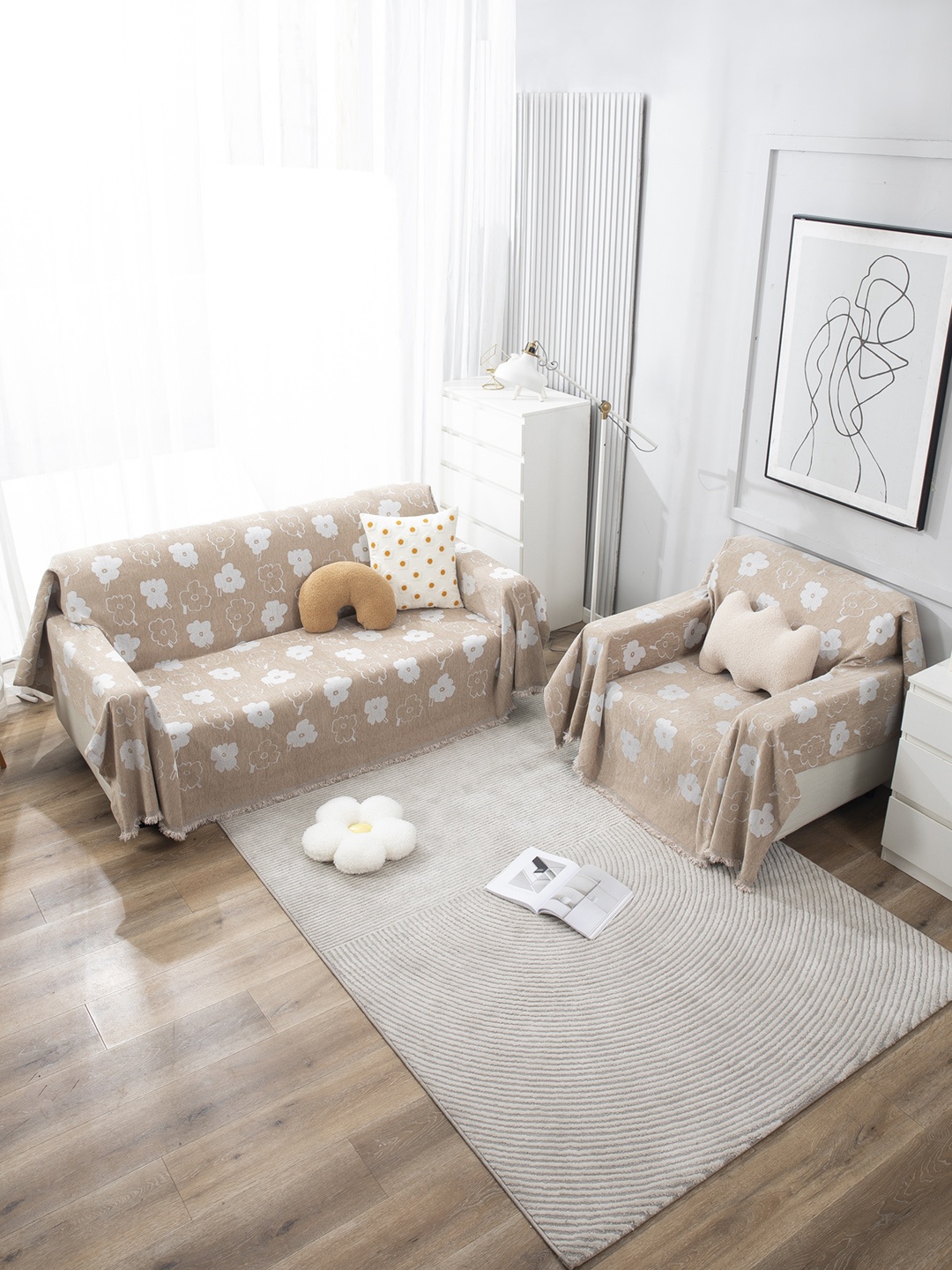 

HOKIPO Beige & White Printed 2 Seater Rectangle Sofa Throw