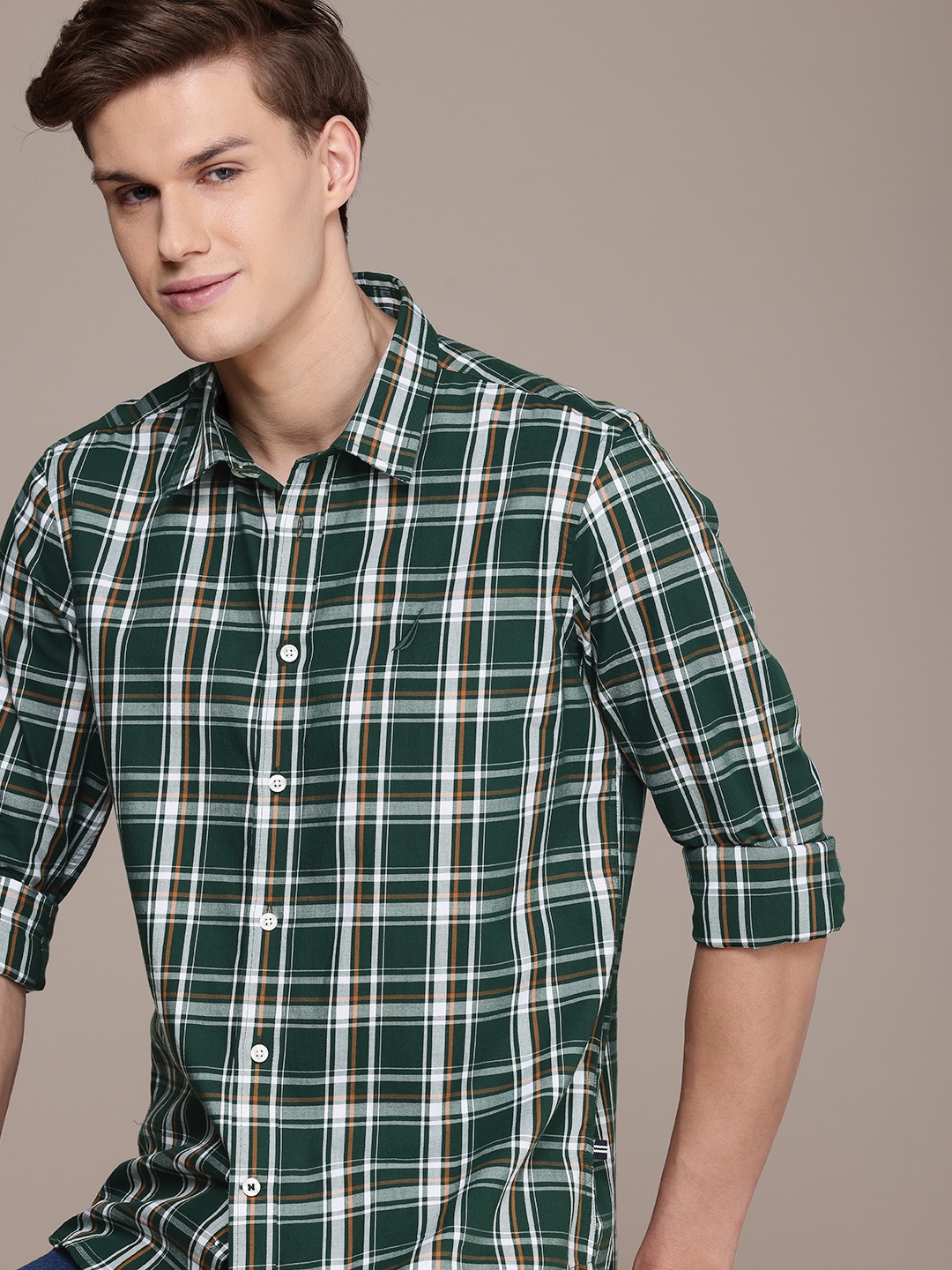 

Nautica Slim Fit Checked Pure Cotton Casual Shirt, Green