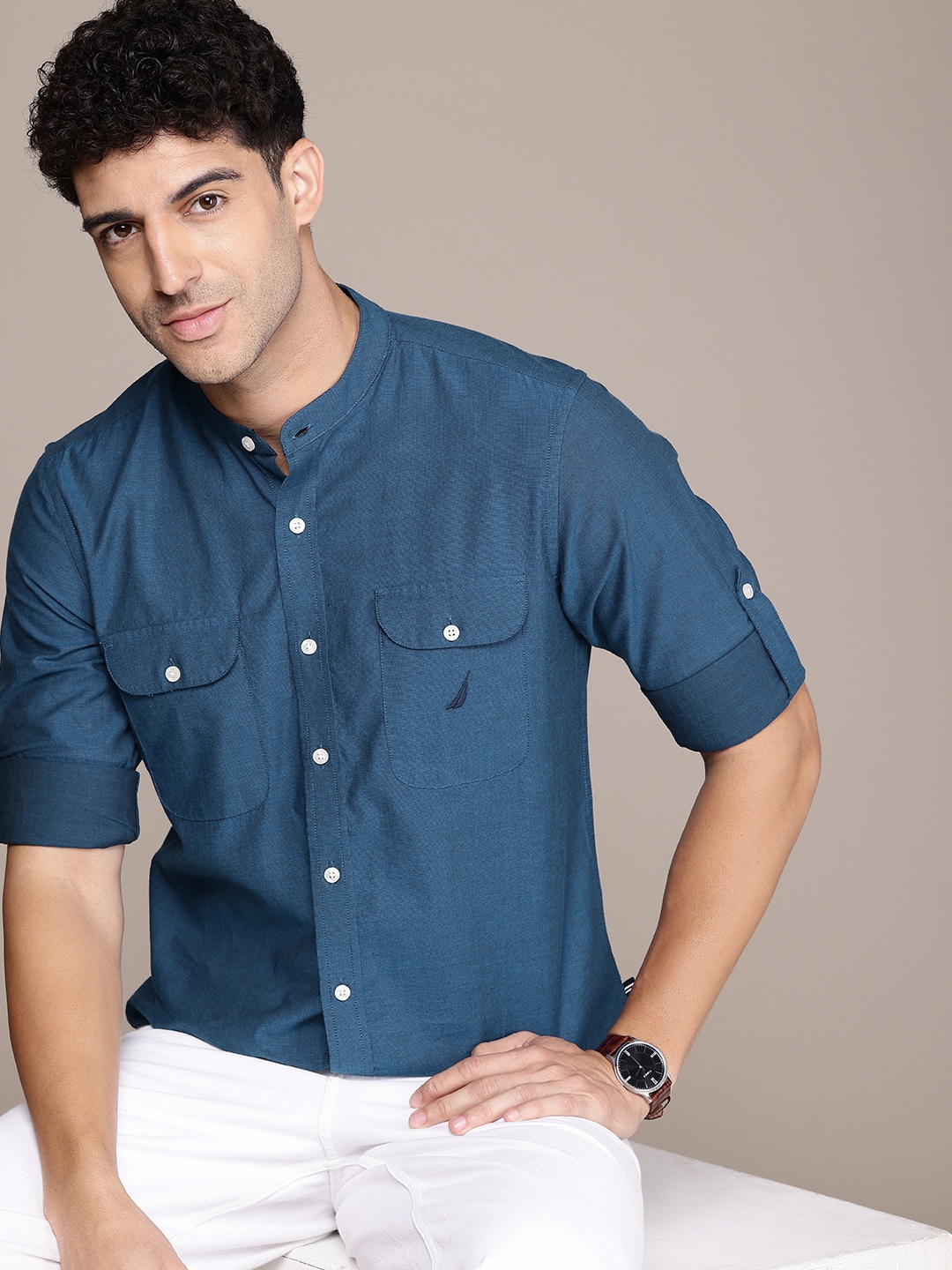 

Nautica Slim Fit Band Collar Pure Cotton Casual Shirt, Blue