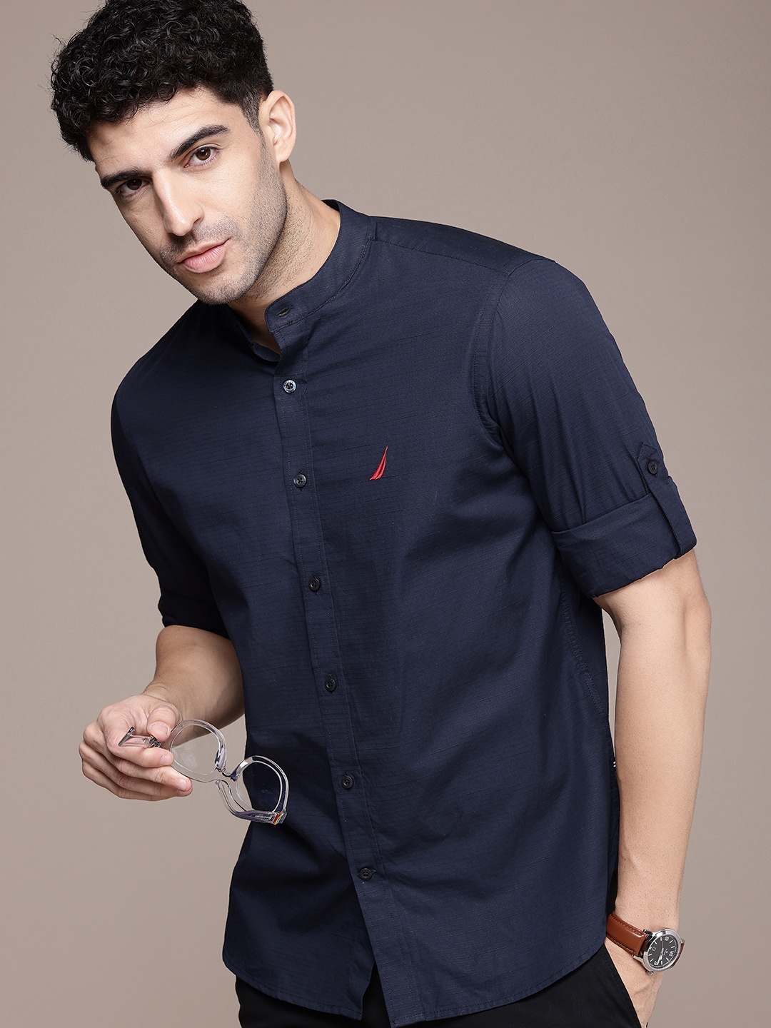 

Nautica Slim Fit Self Stripes Band Collar Pure Cotton Casual Shirt, Navy blue