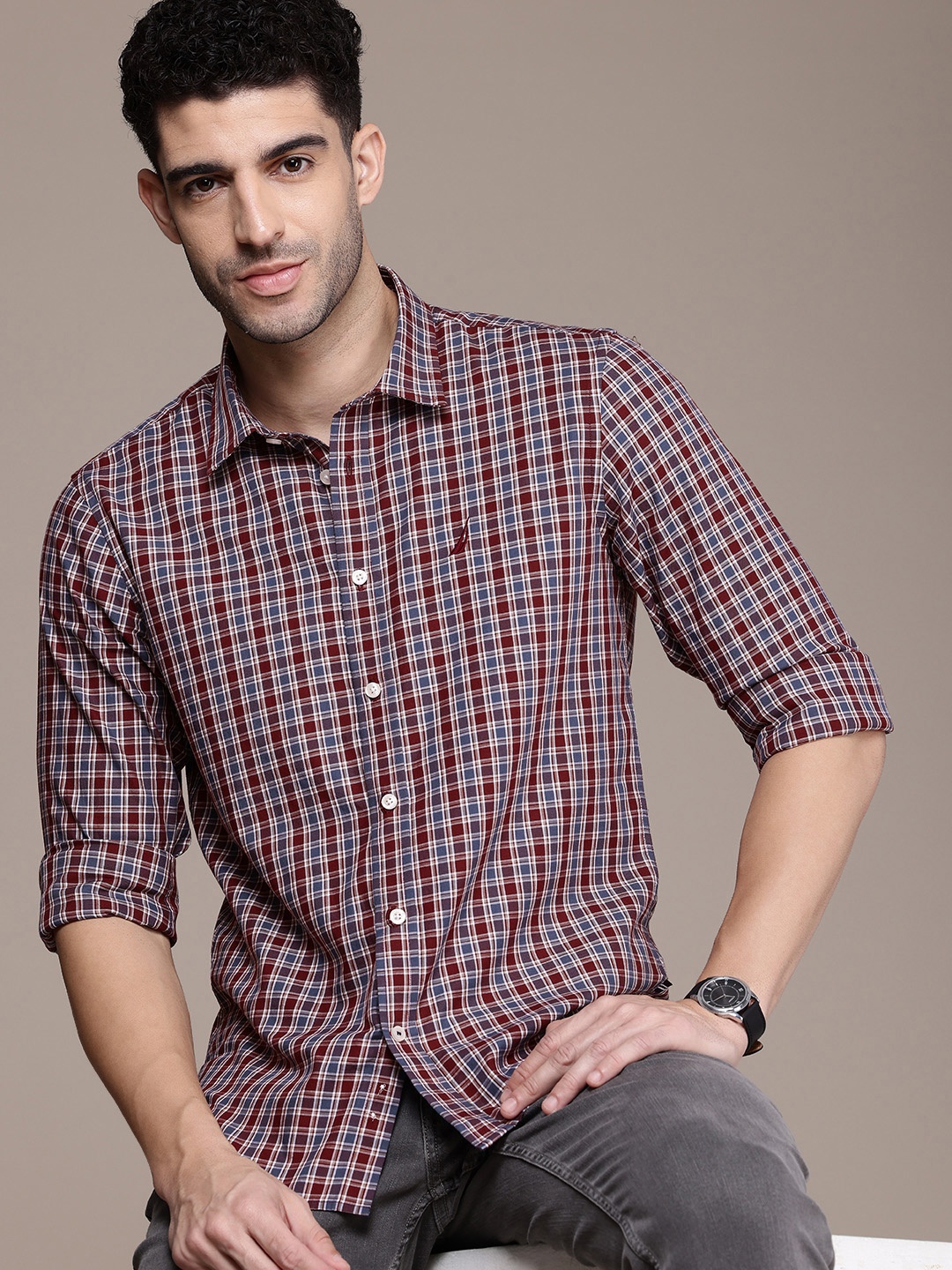 

Nautica Pure Cotton Slim Fit Opaque Checked Casual Shirt, Maroon