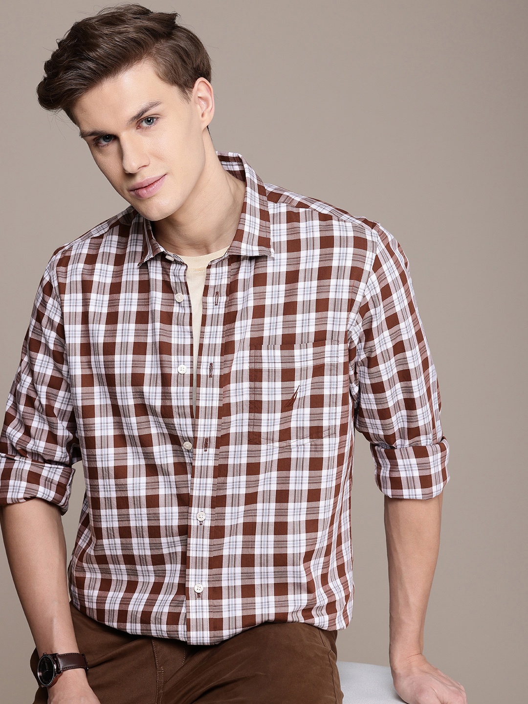 

Nautica Pure Cotton Classic Opaque Checked Casual Shirt, Brown