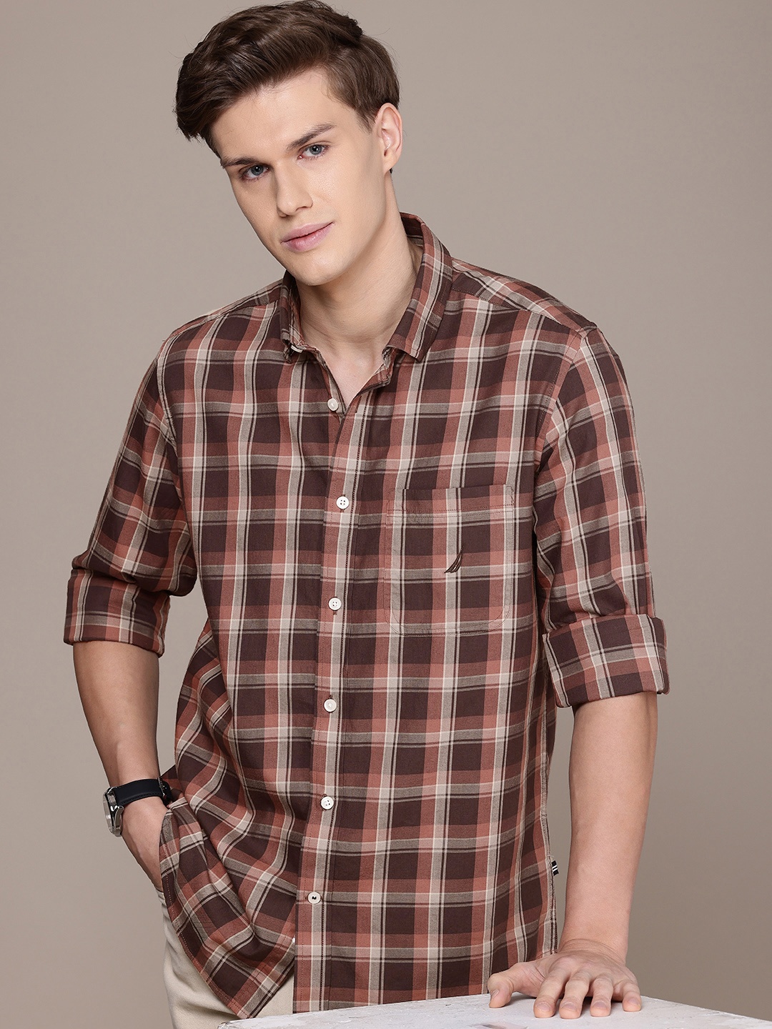 

Nautica Pure Cotton Classic Fit Tartan Checks Opaque Casual Shirt, Coffee brown